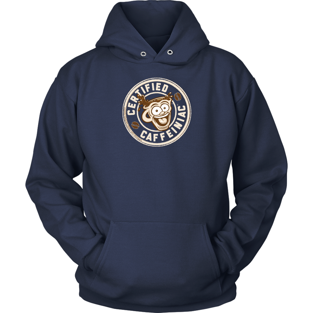 front view of a navy blue unisex hoodie with the Certified Caffeiniac design on front in tan ink