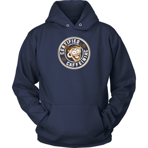 Image of front view of a navy blue unisex hoodie with the Certified Caffeiniac design on front in tan ink
