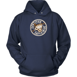 front view of a navy blue unisex hoodie with the Certified Caffeiniac design on front in tan ink