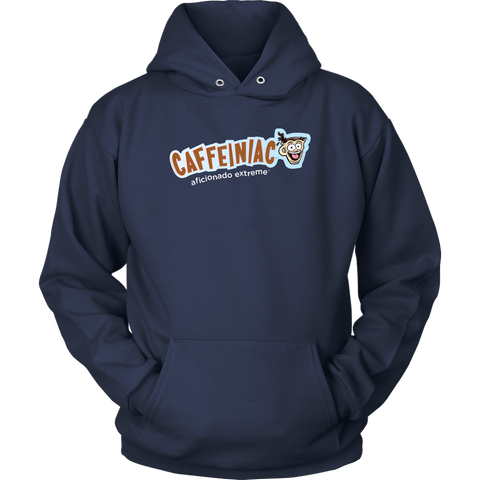 Image of front view of a navy blue unisex hoodie featuring the caffeiniac aficionado extreme design on the front