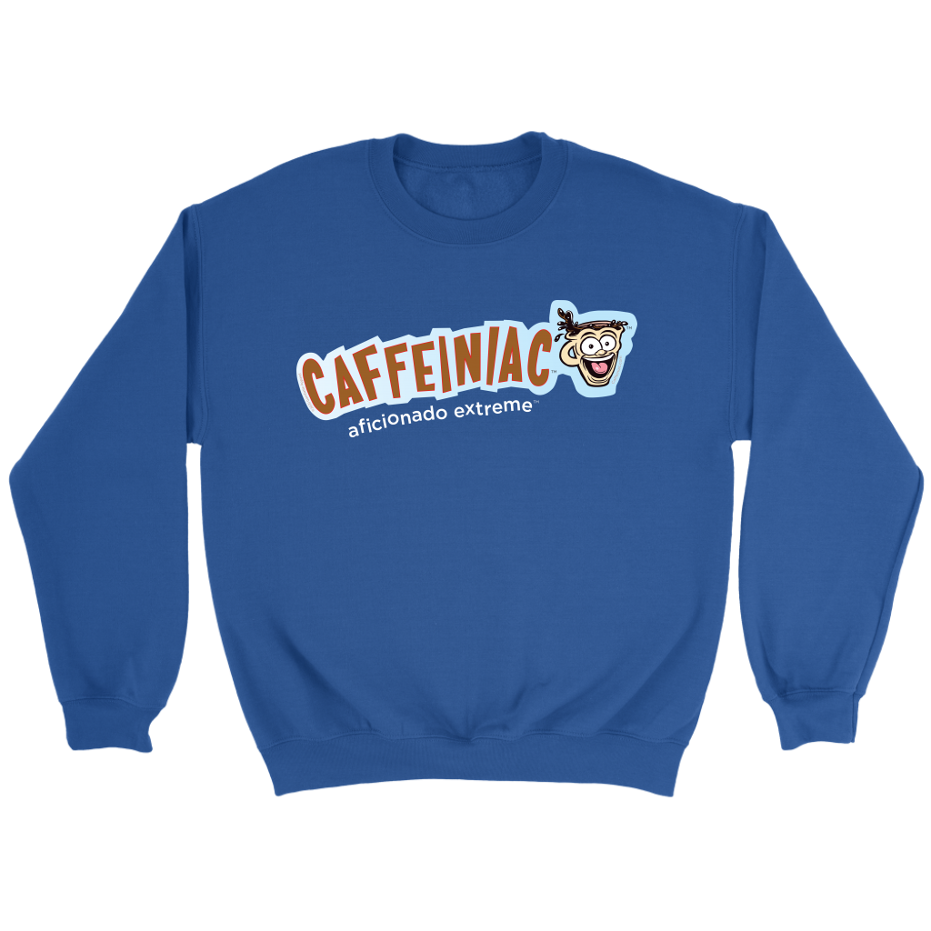 front view of a blue crewneck sweatshirt featuring the original Caffeiniac aficionado extreme logo