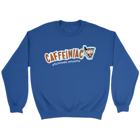Image of front view of a blue crewneck sweatshirt featuring the original Caffeiniac aficionado extreme logo