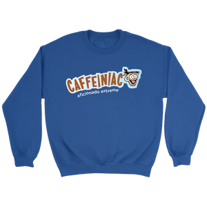 front view of a blue crewneck sweatshirt featuring the original Caffeiniac aficionado extreme logo