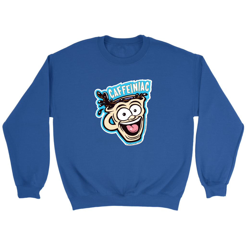 front view of a royal blue crewneck sweatshirt featuring the original Caffeiniac Dude cup design