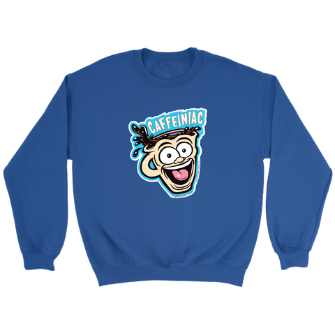 Image of front view of a royal blue crewneck sweatshirt featuring the original Caffeiniac Dude cup design
