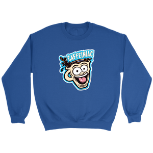 front view of a royal blue crewneck sweatshirt featuring the original Caffeiniac Dude cup design