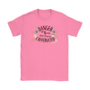 a women's pink t-shirt featuring the Caffeiniac design DANGER do not disturb until properly caffeiniated
