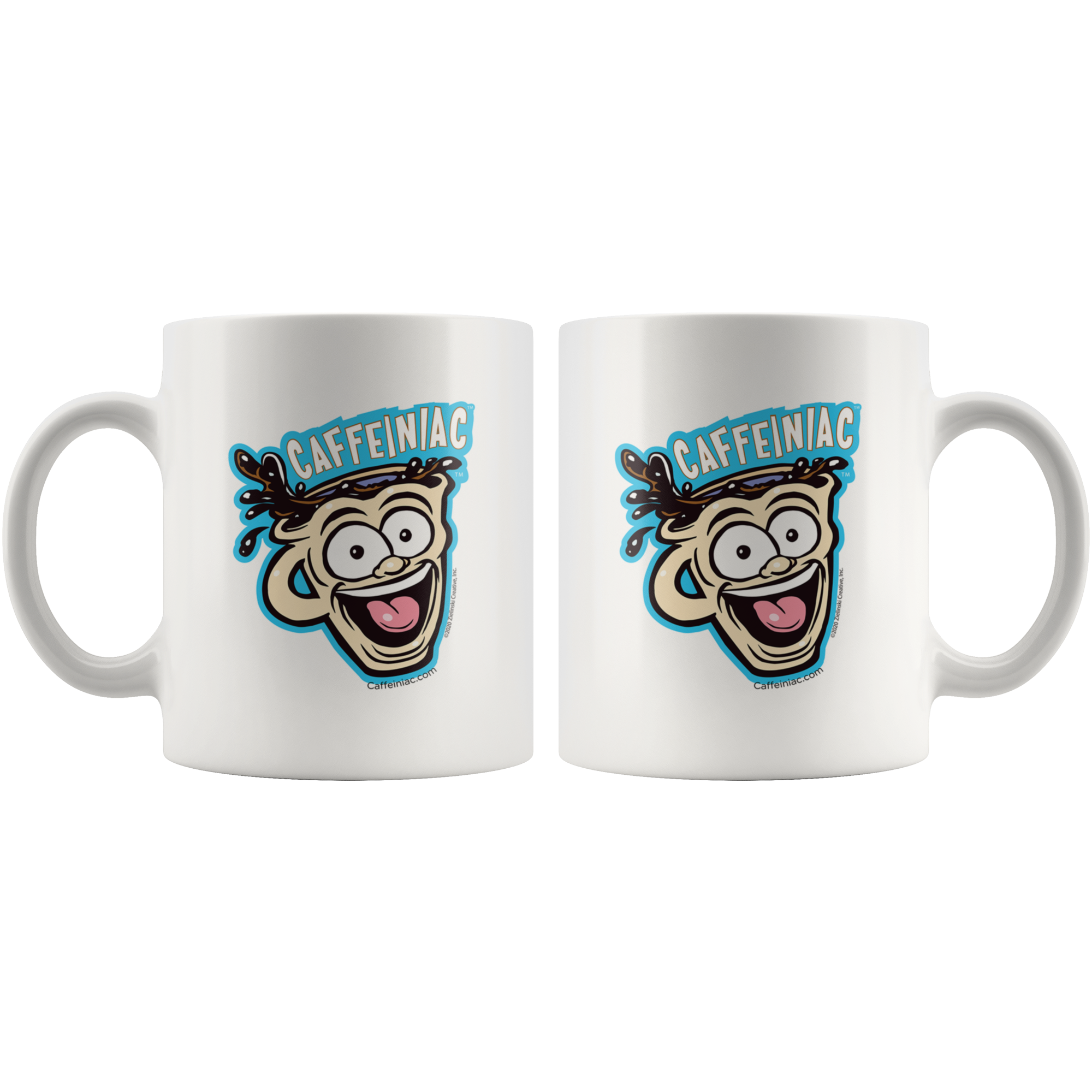 front and back view of a white ceramic coffee mug with a vibrant Caffeiniac design which is printed on both sides