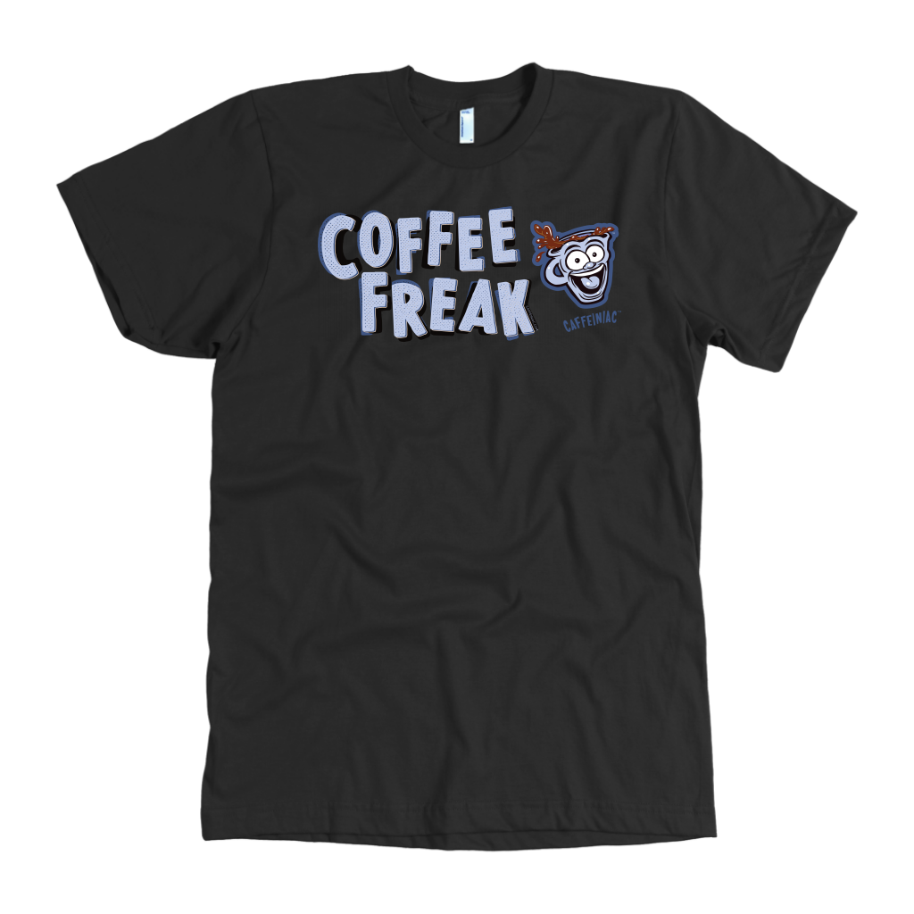 front view of a men's black Caffeiniac t-shirt featuring the Coffee Freak design