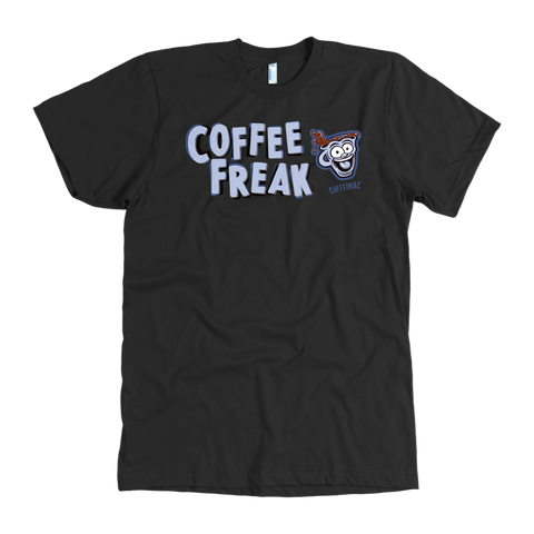 Image of front view of a men's black Caffeiniac t-shirt featuring the Coffee Freak design