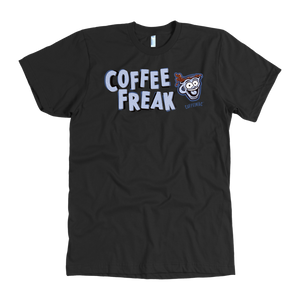 front view of a men's black Caffeiniac t-shirt featuring the Coffee Freak design