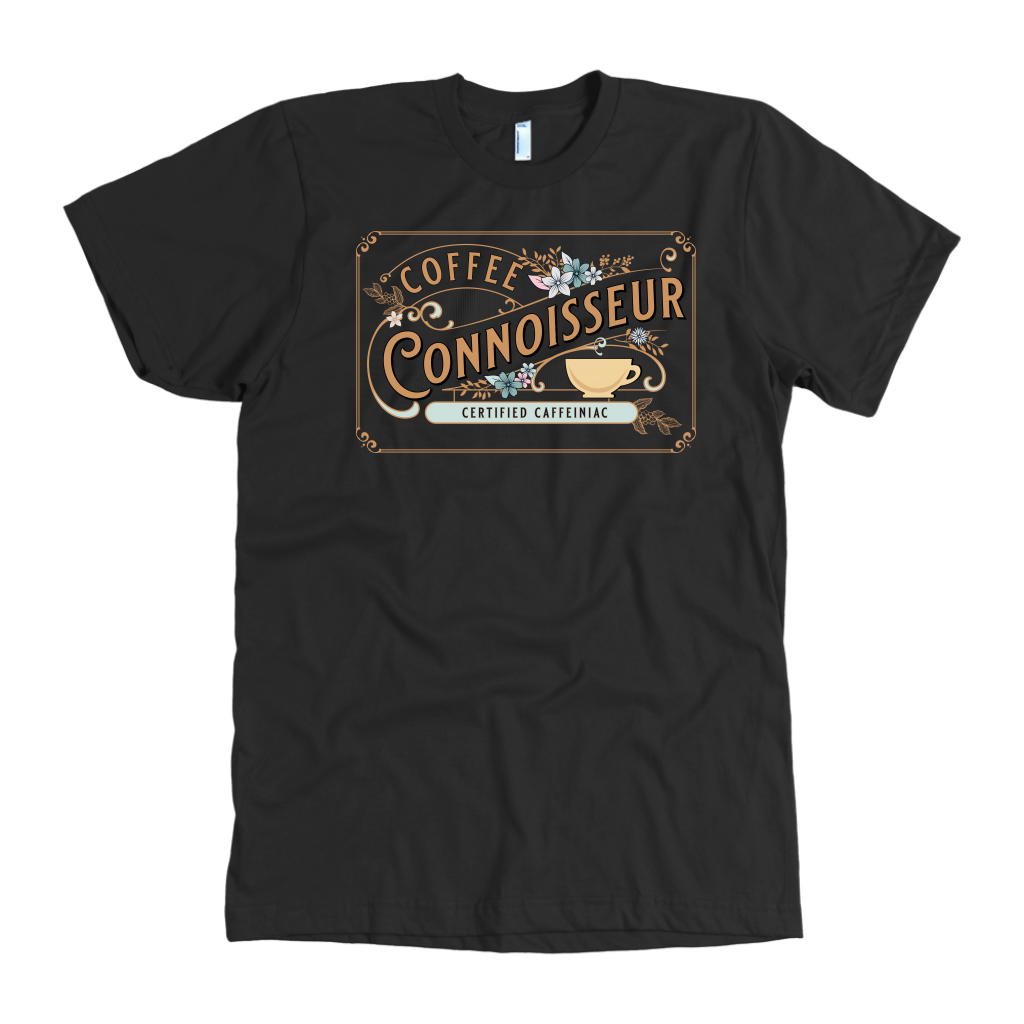 the front view of a man's vintage black t-shirt with the Coffee Connoisseur design by Caffeiniac