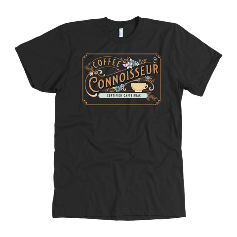 Image of the front view of a man's vintage black t-shirt with the Coffee Connoisseur design by Caffeiniac