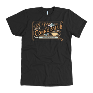 the front view of a man's vintage black t-shirt with the Coffee Connoisseur design by Caffeiniac