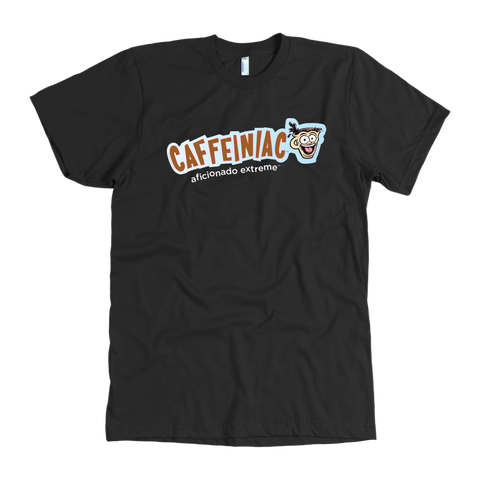 Image of front view of a black t-shirt with the Caffeiniac aficionado extreme design on the front