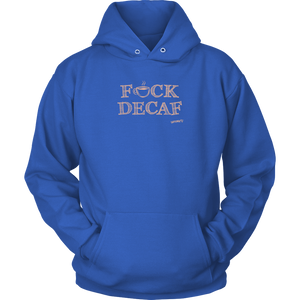 front view of a royal blue hoodie with the original Caffeiniac design F_CK DECAF on the front in tan ink