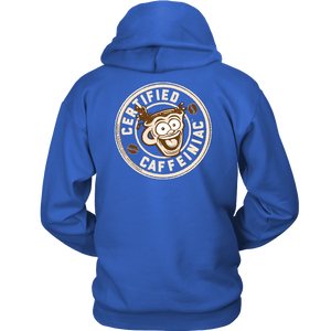 back view of a royal blue hoodie with the Certified Caffeiniac design full size in tan ink