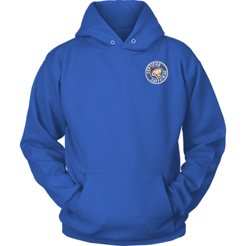 Image of  front view of a royal blue hoodie with the Certified Caffeiniac design on the front left chest