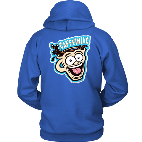 Image of back view of a royal blue unisex Hoodie featuring the original Caffeiniac Dude design on the front left chest and full size on the back