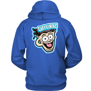 back view of a royal blue unisex Hoodie featuring the original Caffeiniac Dude design on the front left chest and full size on the back