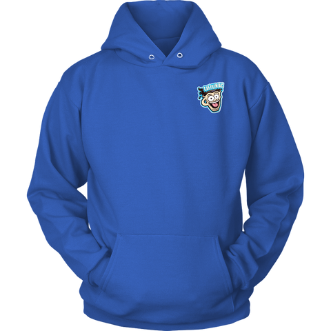 Image of Front view of a royal blue unisex Hoodie featuring the original Caffeiniac Dude design on the front left chest and full size on the back