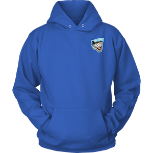 Front view of a royal blue unisex Hoodie featuring the original Caffeiniac Dude design on the front left chest and full size on the back