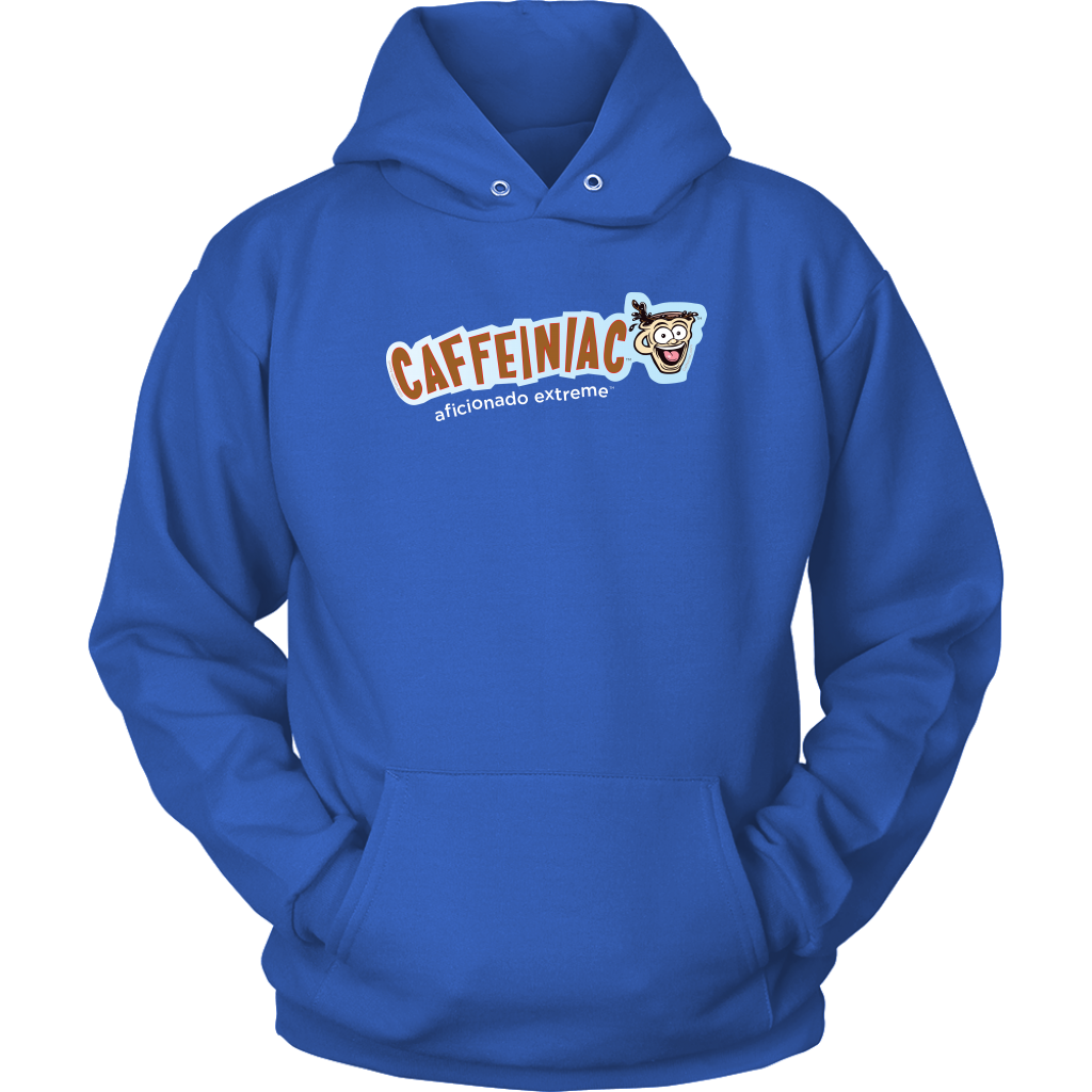front view of a royal blue unisex hoodie featuring the caffeiniac aficionado extreme design on the front