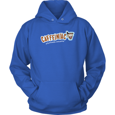 Image of front view of a royal blue unisex hoodie featuring the caffeiniac aficionado extreme design on the front