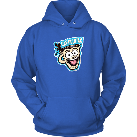 Image of Front view of a royal blue unisex Hoodie featuring the original Caffeiniac Dude cup design on the front