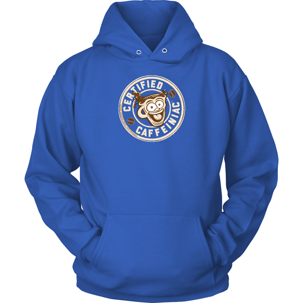 front view of a royal blue unisex hoodie with the Certified Caffeiniac design on front in tan ink