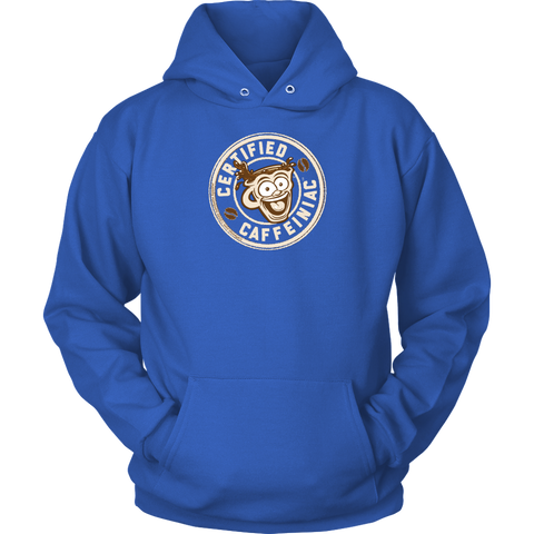 Image of front view of a royal blue unisex hoodie with the Certified Caffeiniac design on front in tan ink