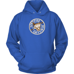 front view of a royal blue unisex hoodie with the Certified Caffeiniac design on front in tan ink
