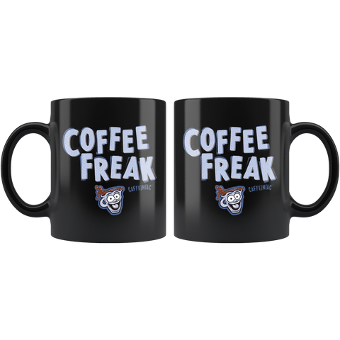 Image of a black ceramic coffee mug with the Caffeiniac design COFFEE FREAK in light blue letters on front and back