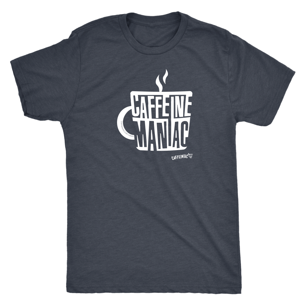 a grey Caffeiniac t-shirt featuring the Caffeine Maniac design on the front in white letters