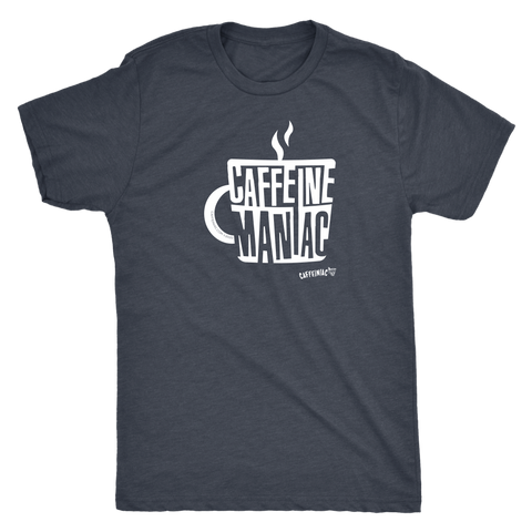 Image of a grey Caffeiniac t-shirt featuring the Caffeine Maniac design on the front in white letters