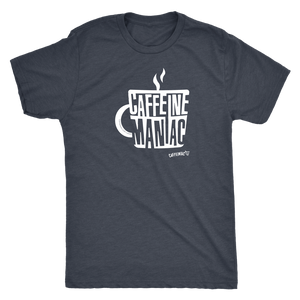 a grey Caffeiniac t-shirt featuring the Caffeine Maniac design on the front in white letters
