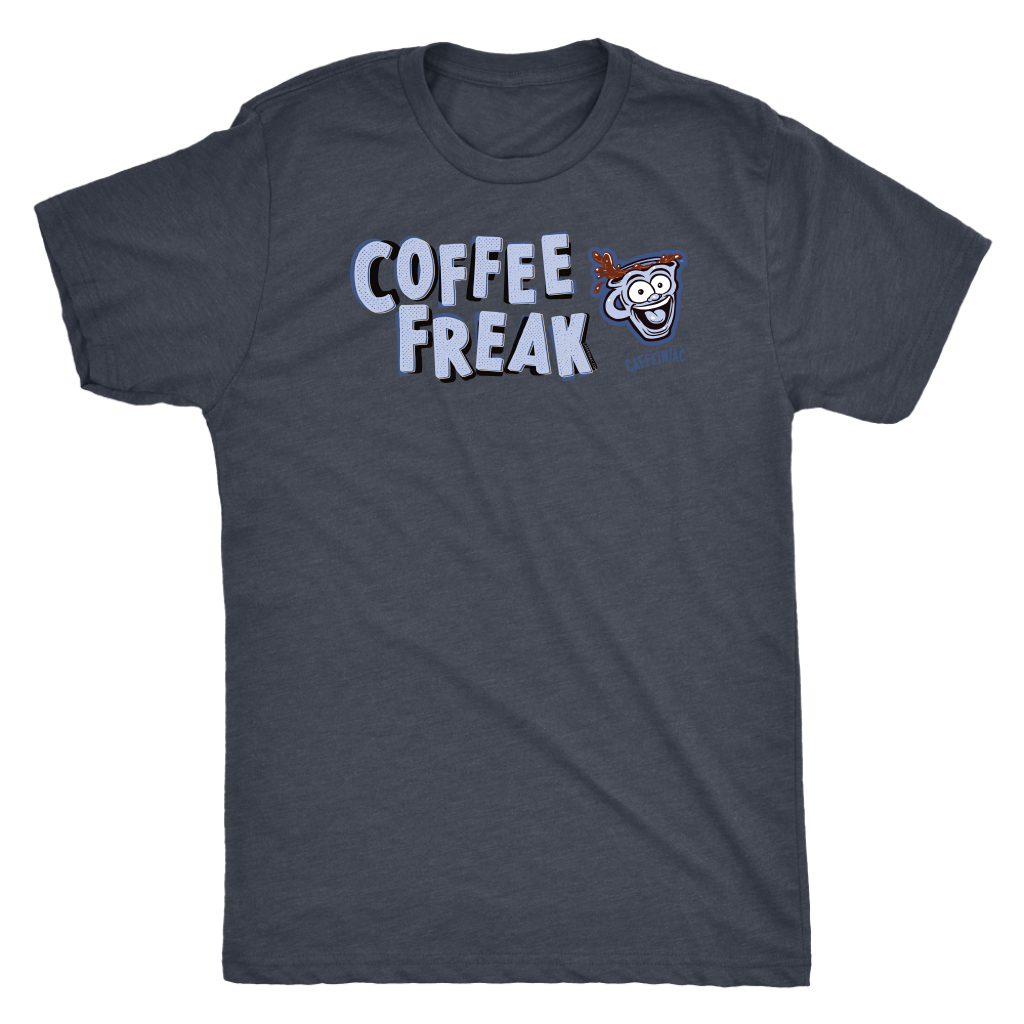 front view of a grey Caffeiniac t-shirt with the COFFEE FREAK design 