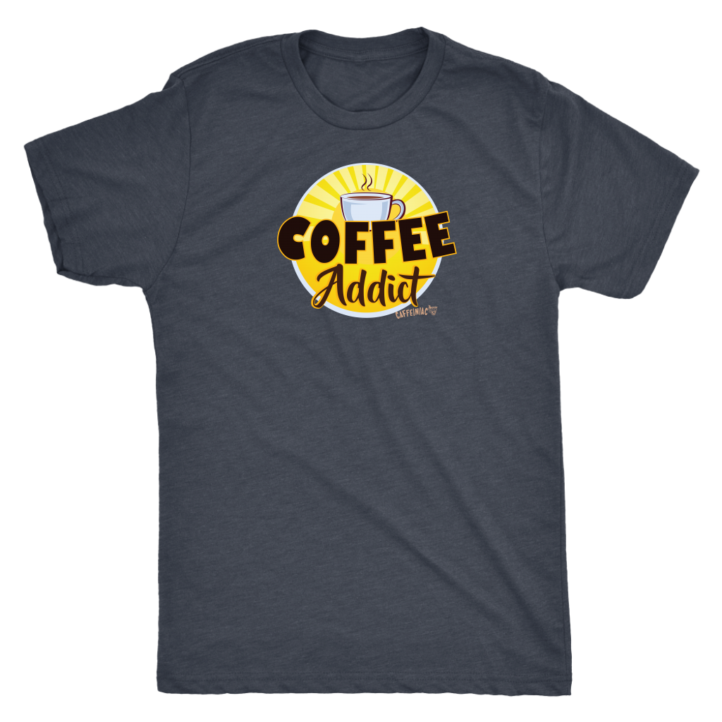 front view of a mens dark grey Caffeiniac t-shirt featuring the Coffee Addict design