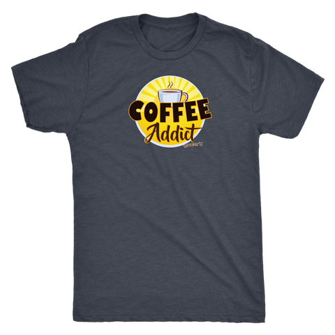 Image of front view of a mens dark grey Caffeiniac t-shirt featuring the Coffee Addict design