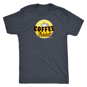front view of a mens dark grey Caffeiniac t-shirt featuring the Coffee Addict design
