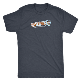 a dark grey Next Level Mens Triblend T-shirt featuring the Caffeinaic aficionado extreme design on the front