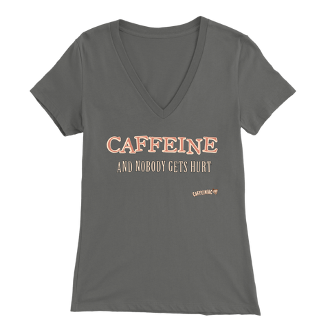 Image of front view of a grey V-neck Caffeiniac shirt with the design CAFFEINE and nobody gets hurt