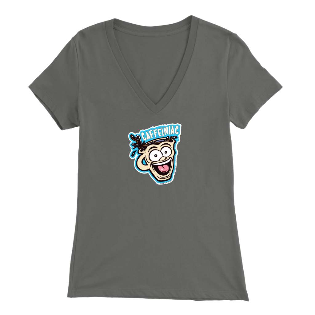 Front view of a grey colored womens v-neck light blue shirt featuring the original Caffeiniac Dude cup design on the front