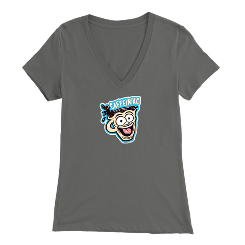 Image of Front view of a grey colored womens v-neck light blue shirt featuring the original Caffeiniac Dude cup design on the front