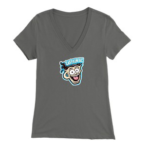 Front view of a grey colored womens v-neck light blue shirt featuring the original Caffeiniac Dude cup design on the front