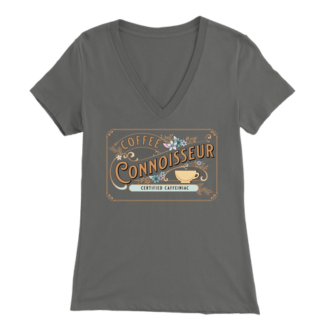 Image of a woman's grey v-neck shirt with the Coffee Connoisseur design by Caffeiniac on the front
