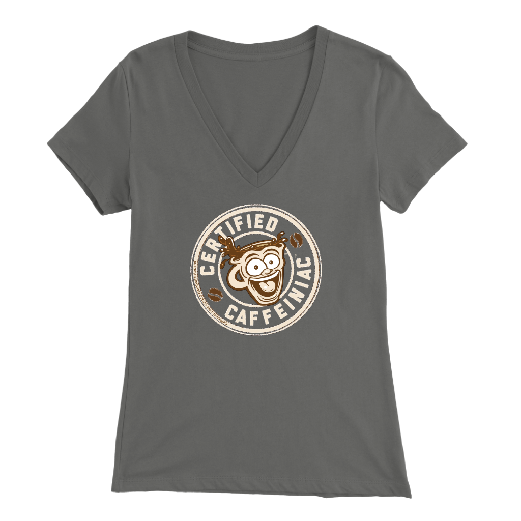 front view of a grey v-neck shirt featuring the Certified Caffeiniac design on the front