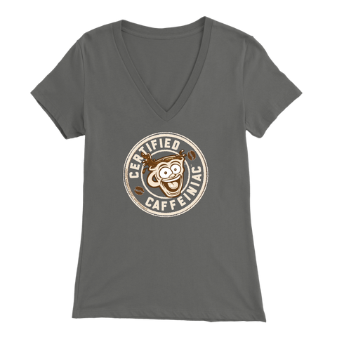 Image of front view of a grey v-neck shirt featuring the Certified Caffeiniac design on the front