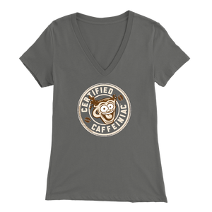 front view of a grey v-neck shirt featuring the Certified Caffeiniac design on the front