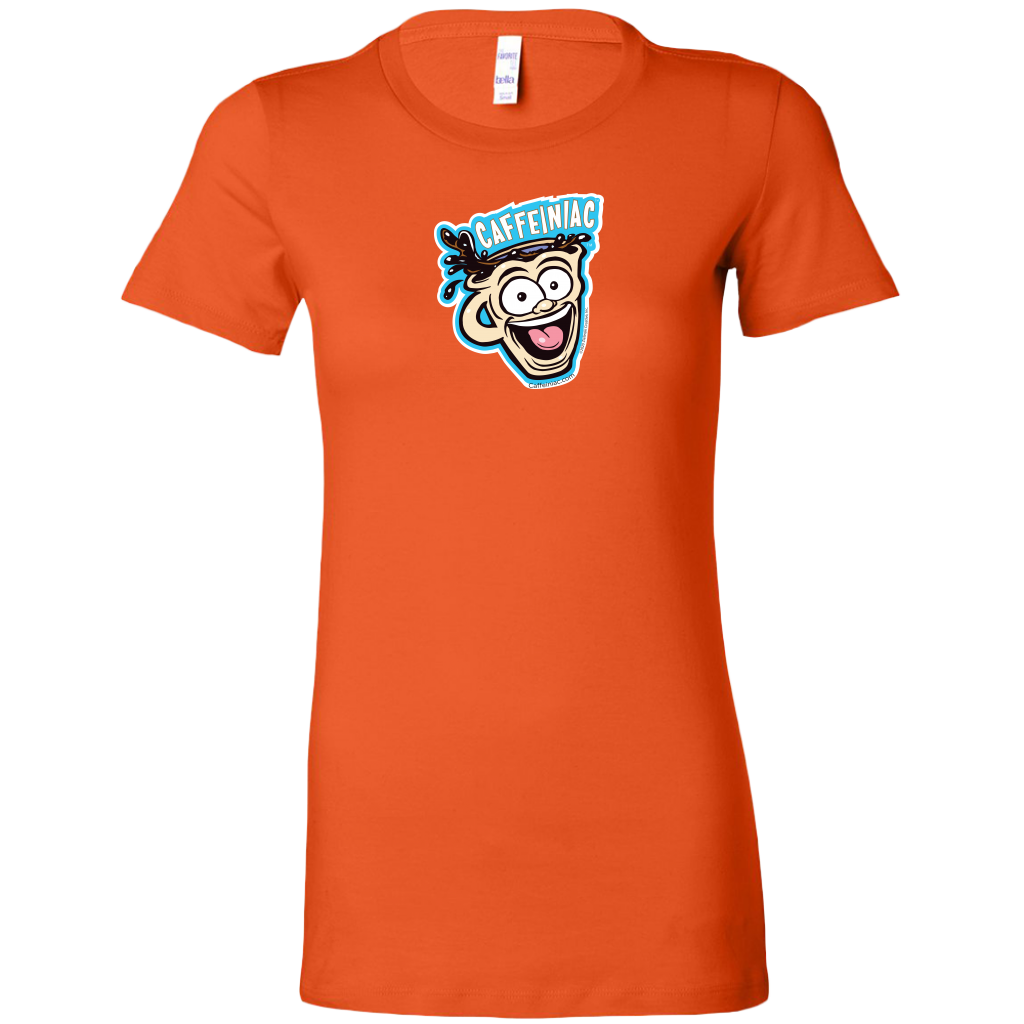 front view of an orange short sleeve shirt featuring the original Caffeiniac dude cup design on the front